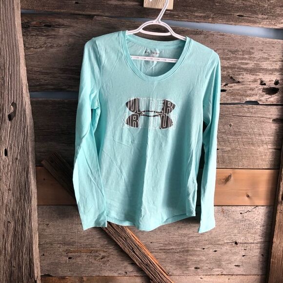 UNDER Armour size Med light turquoise long sleeve graphic print logo top - Picture 1 of 4
